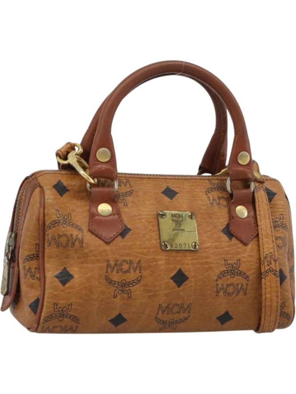 MCM Logogram Vicetos Mini Boston Bag PVC 2way Brown Gold